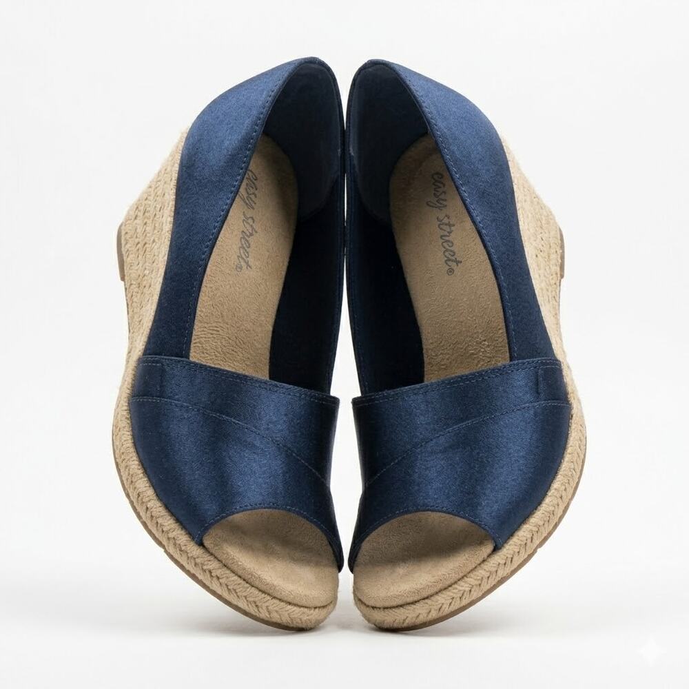 Easy Street Navy Blue Espadrille Wedge Sandals Peep Toe Platform Shoes Size 10M